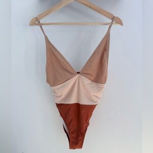Moda Neutral Tan and Blush Colorblock Swimsuit